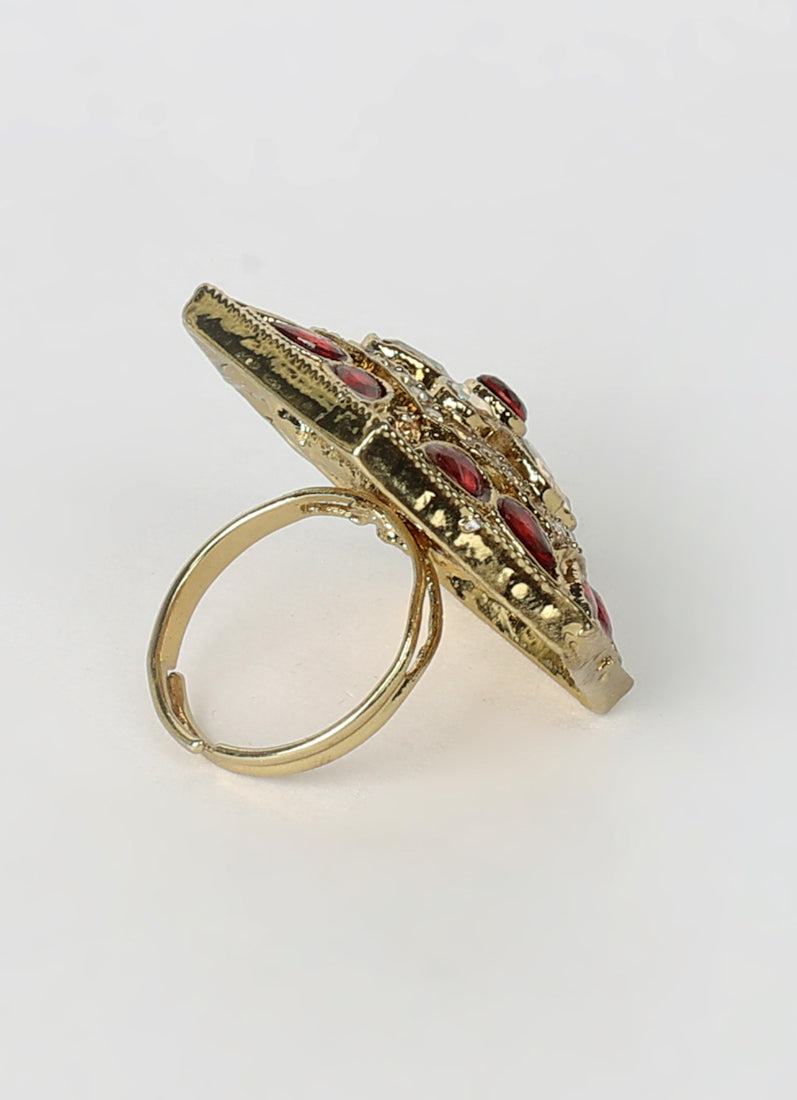 Maroon Gold Plated Adjustable Finger Ring with Diamonte & Bead