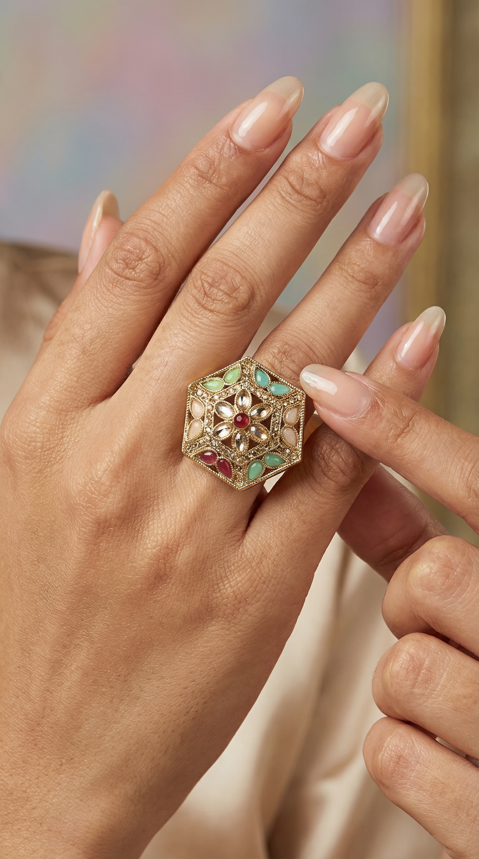 Stylish Multicolour Gold Plated Adjustable Finger Ring