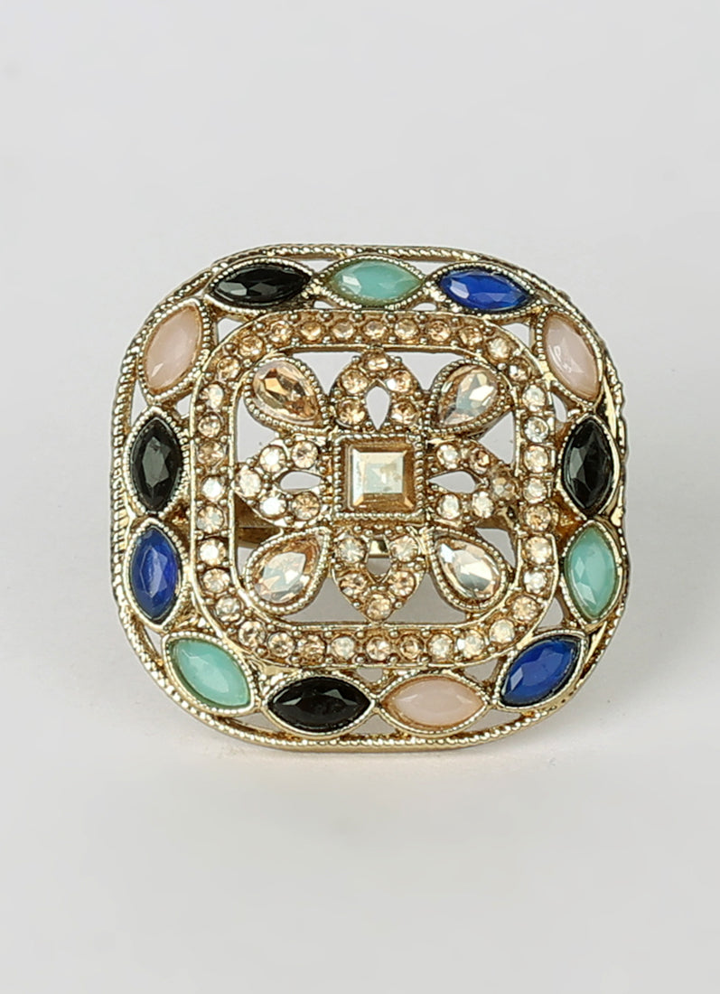 Multicolour Gold Plated Adjustable Finger Ring with Stones