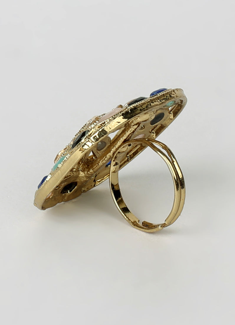 Multicolour Gold Plated Adjustable Finger Ring with Stones