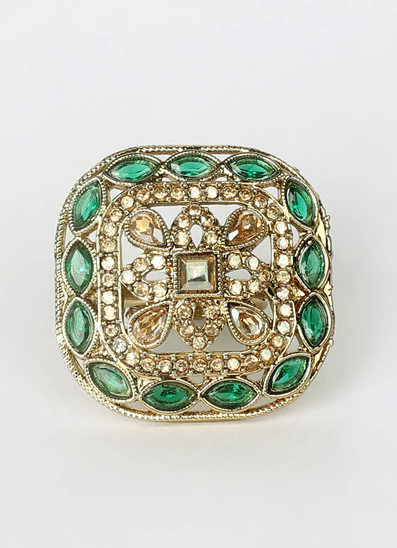 Dark Green Gold Plated Adjustable Finger Ring with Diamonte