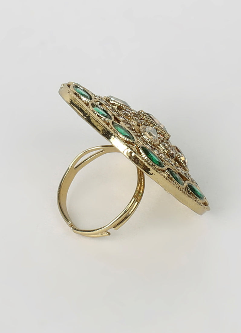 Dark Green Gold Plated Adjustable Finger Ring with Diamonte
