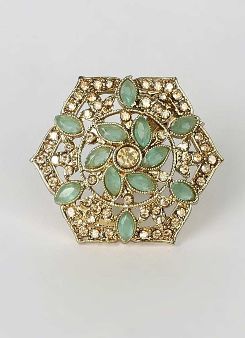 Mint Green Gold Plated Adjustable Finger Ring with Diamonte