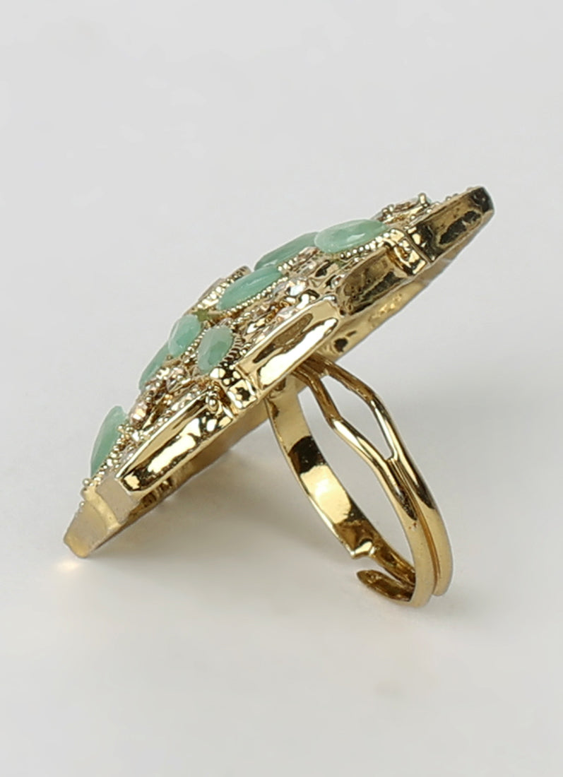 Mint Green Gold Plated Adjustable Finger Ring with Diamonte