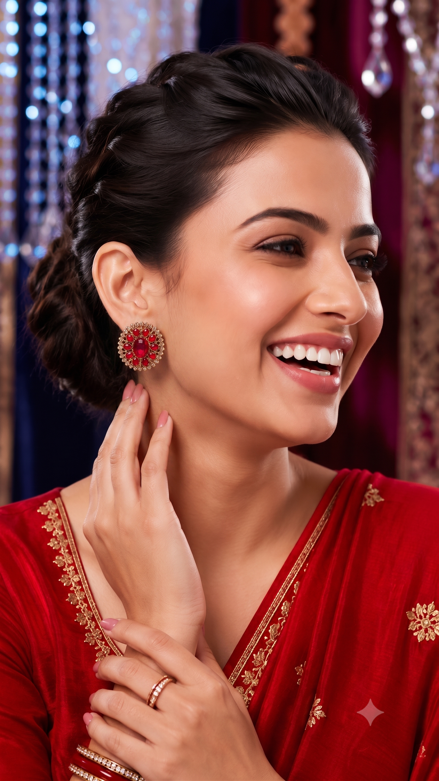 Model wearing maroon crystal stellar earrings with sparkling crystal accents