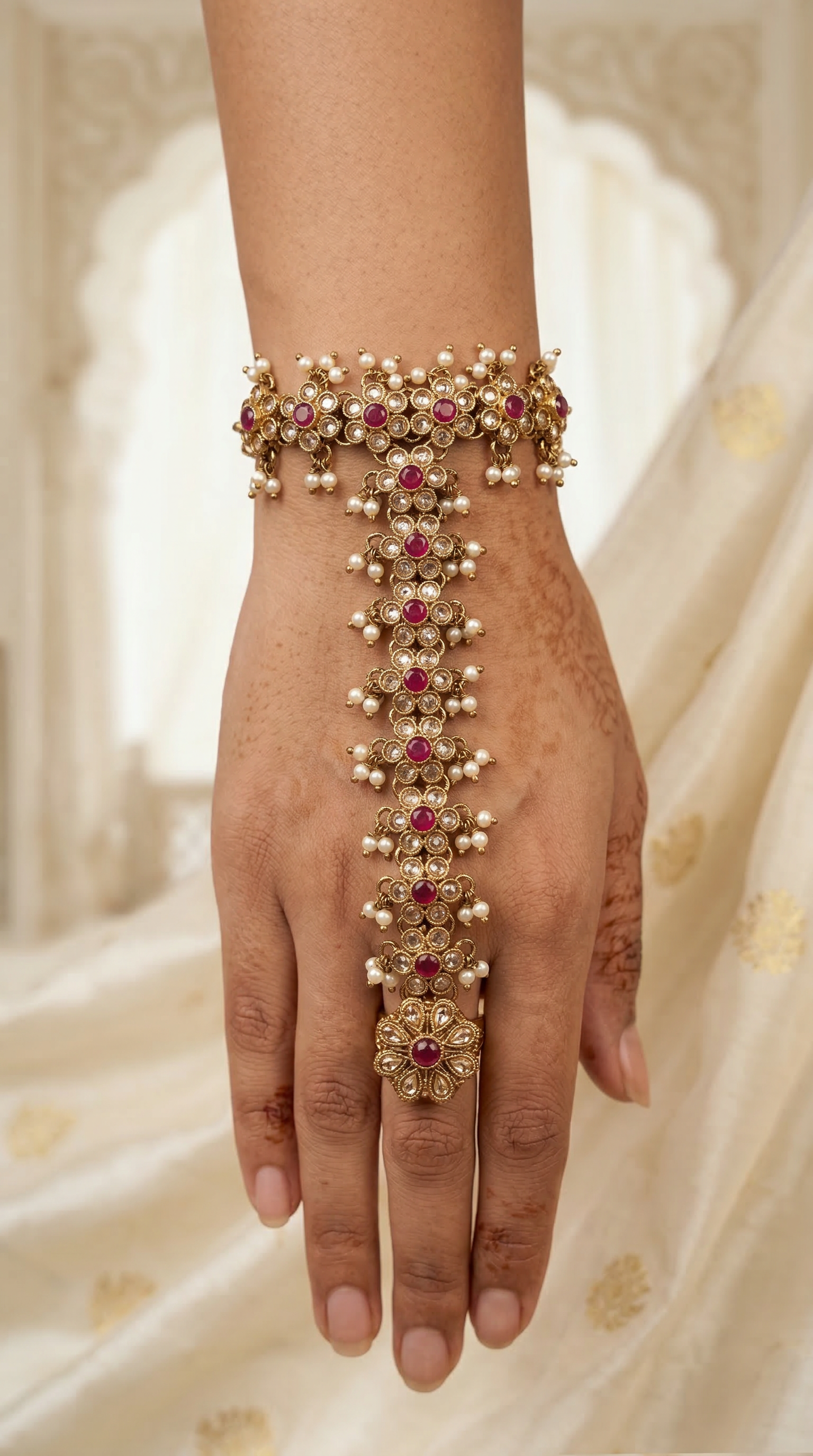 Gold Plated Ruby and Pearl Hand Panja with Ring