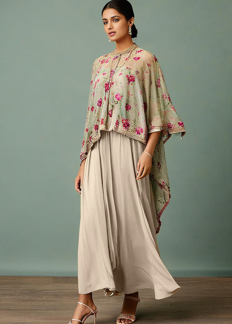 Floral Printed Cape Suit Set