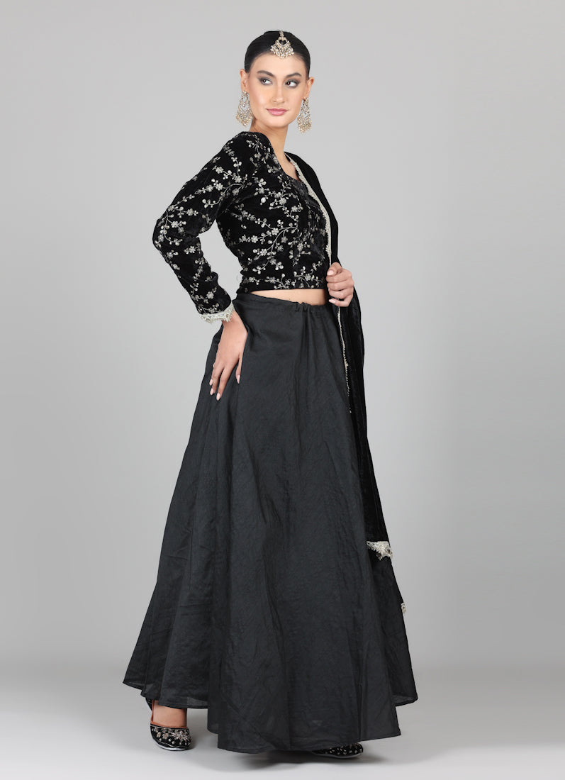 Black Velvet Sequins Embroidered Lehenga Set