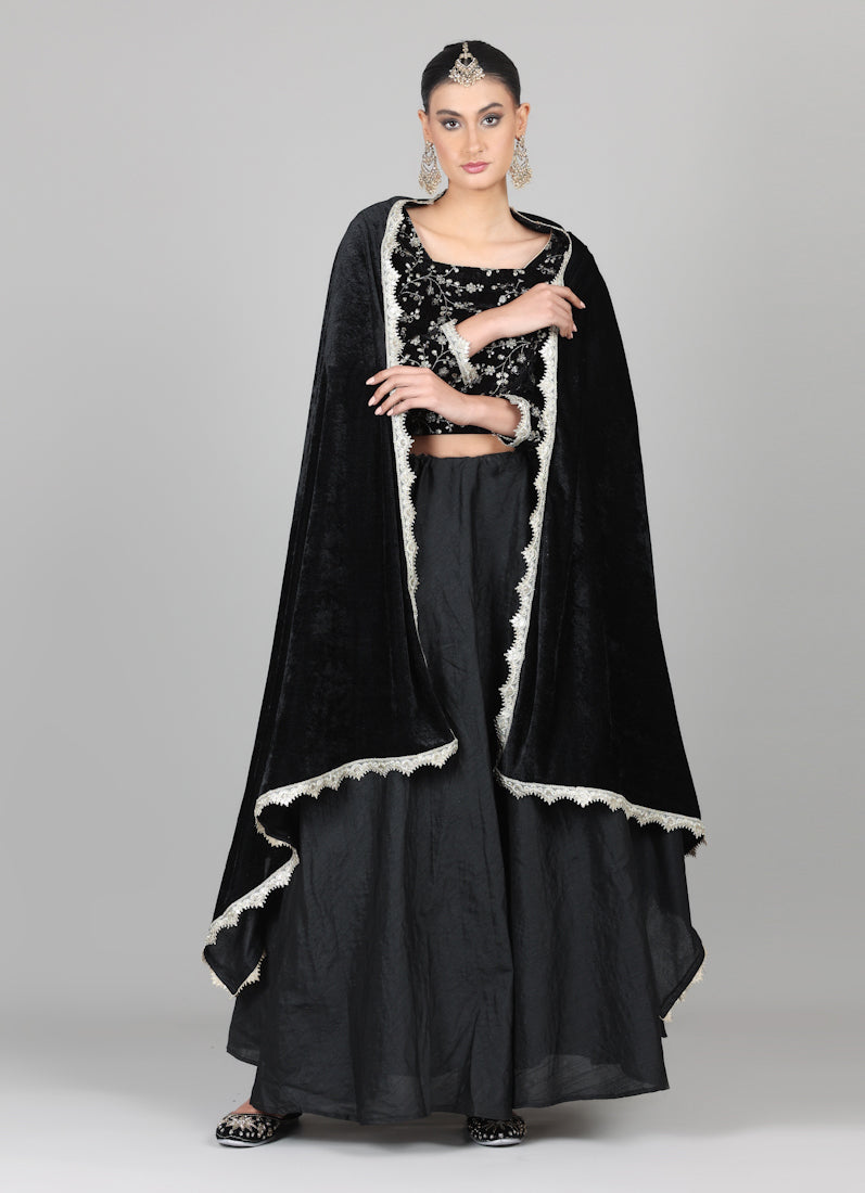 Black Velvet Sequins Embroidered Lehenga Set