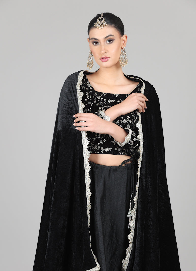 Black Velvet Sequins Embroidered Lehenga Set