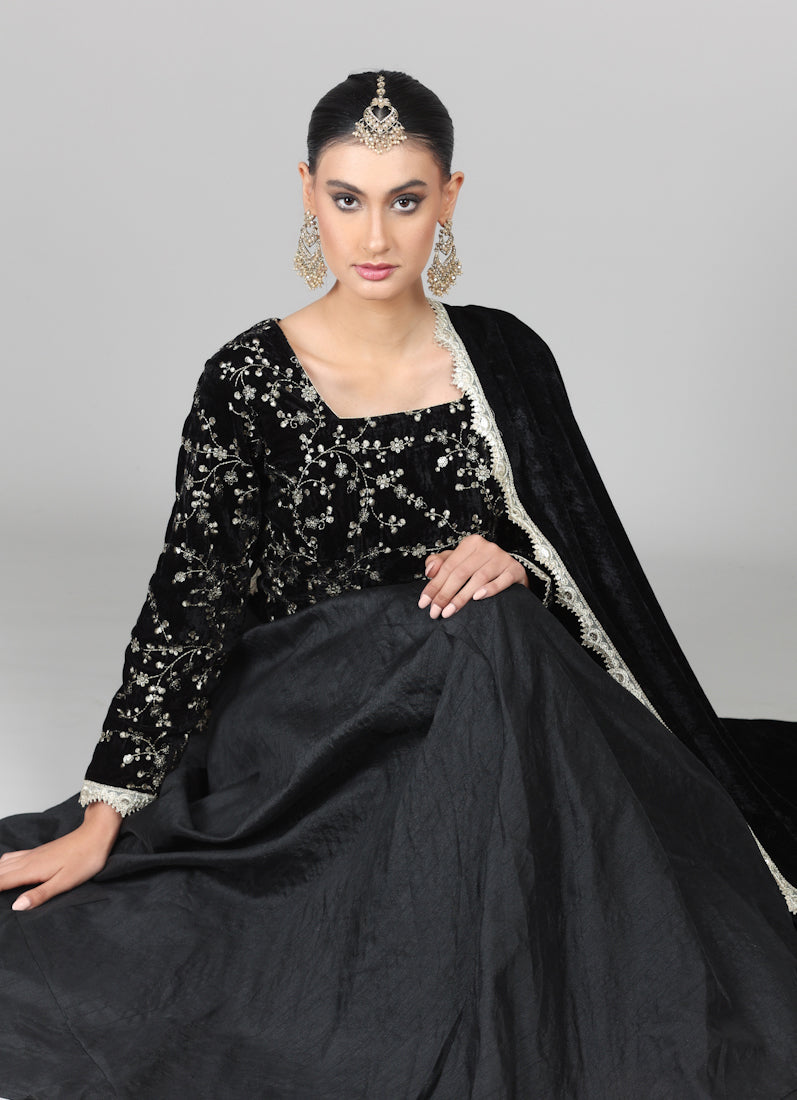 Black Velvet Sequins Embroidered Lehenga Set