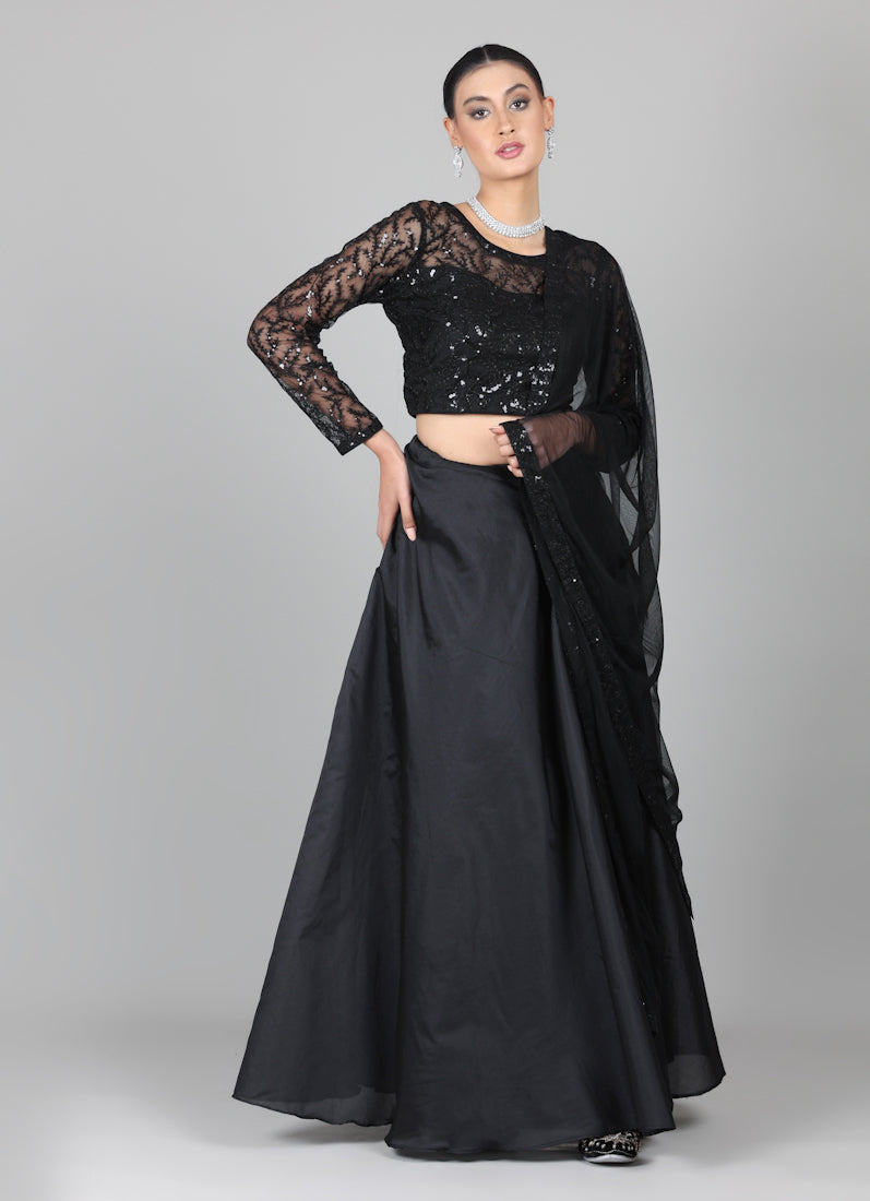 Black Net Sequins Embroidered Lehenga Set