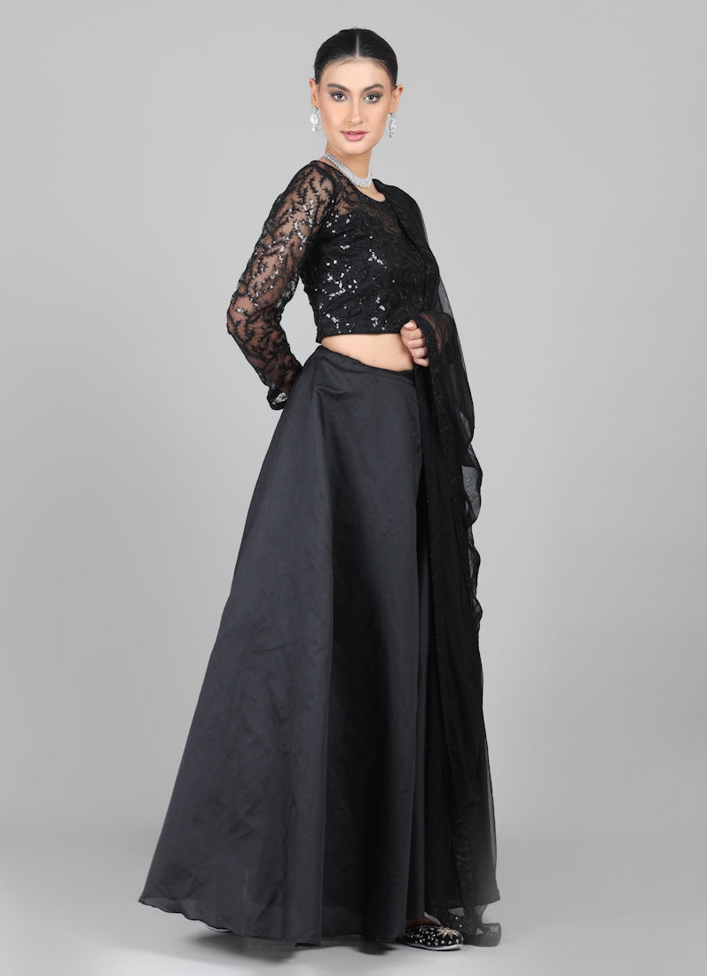 Black Net Sequins Embroidered Lehenga Set