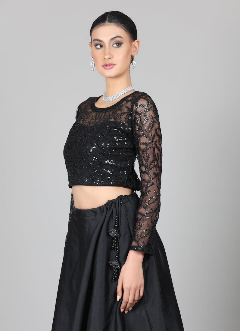 Black Net Sequins Embroidered Lehenga Set