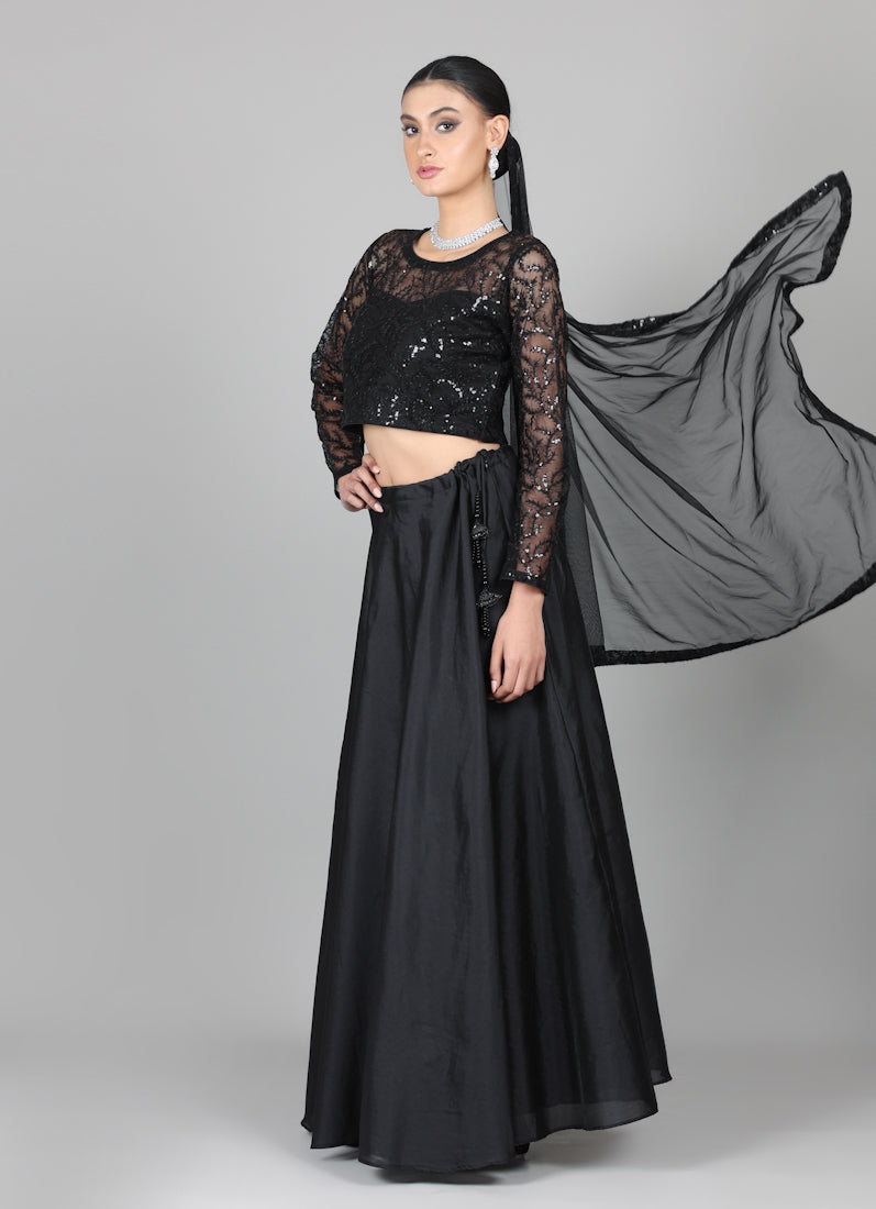 Black Net Sequins Embroidered Lehenga Set
