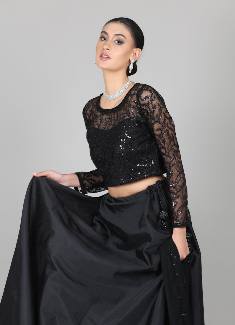 Black Net Sequins Embroidered Lehenga Set