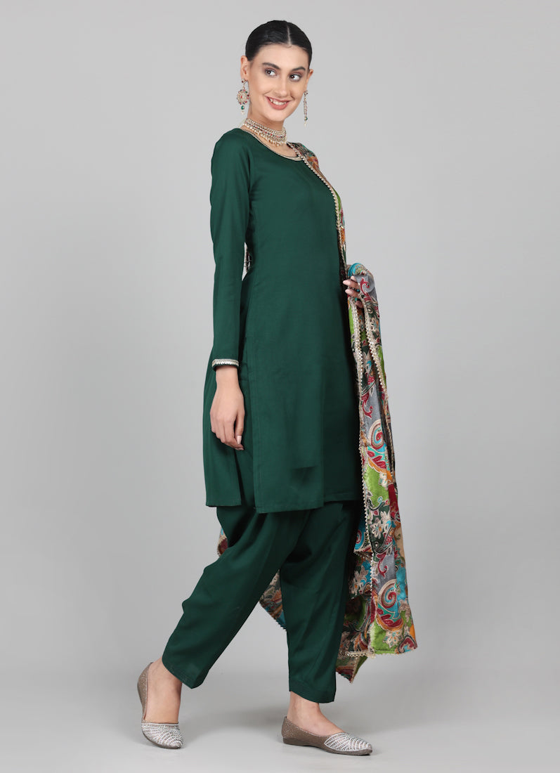 Dark Green Multicolour Printed Dupatta Suit Set