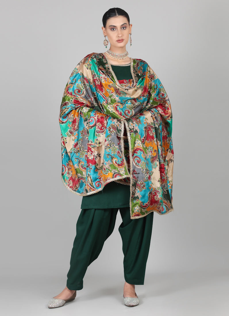 Dark Green Multicolour Printed Dupatta Suit Set