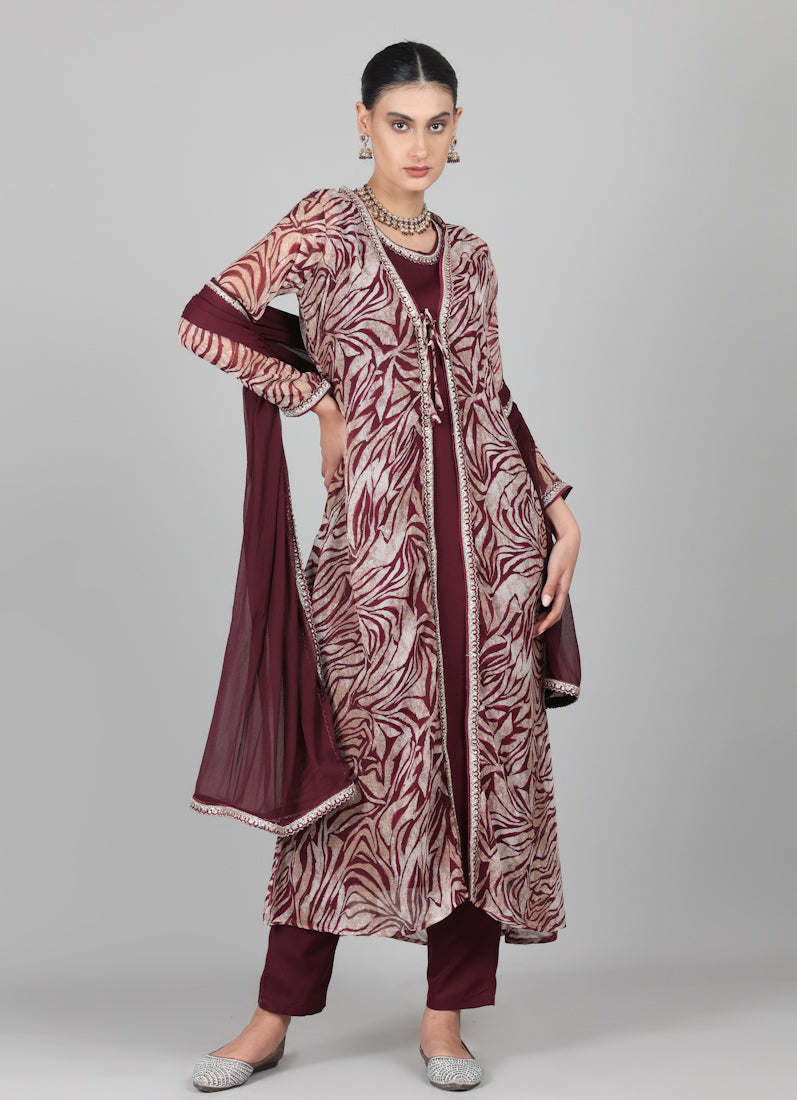 Wine A-line Jacket Style Suit Set