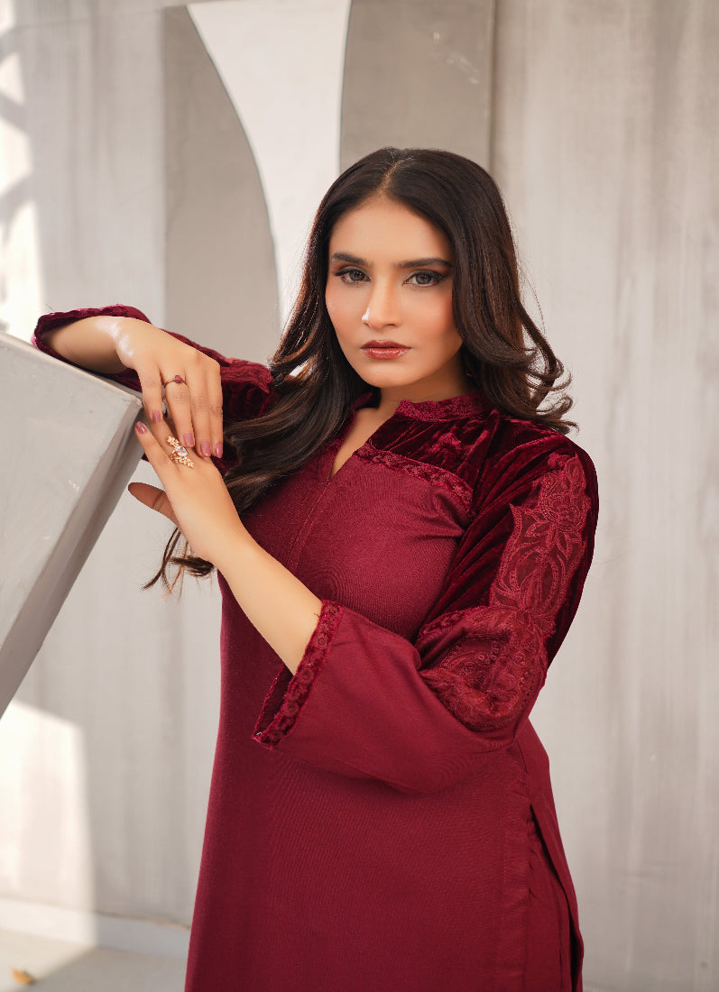 Exquisite Deep Wine Dhanak Suit Set