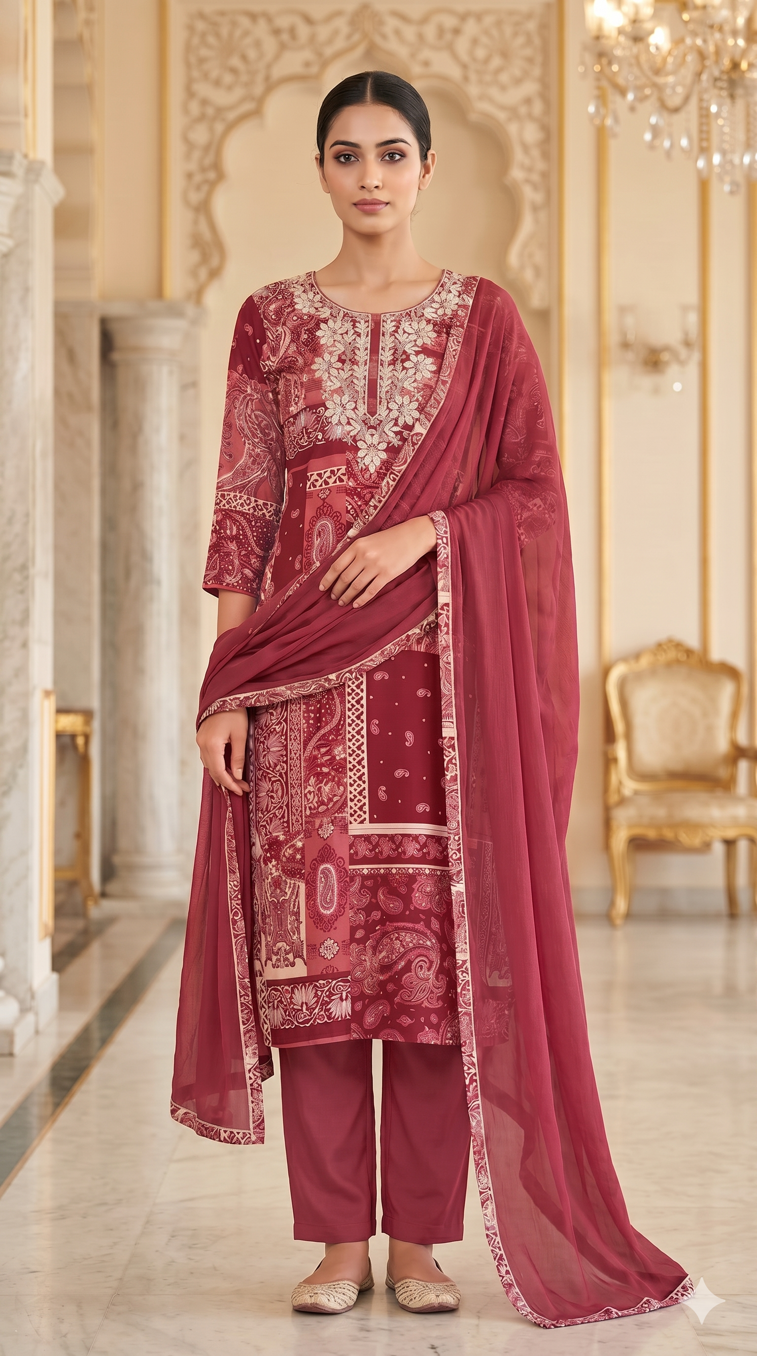 Maroon Printed Rayon Suit Set with Chiffon Dupatta