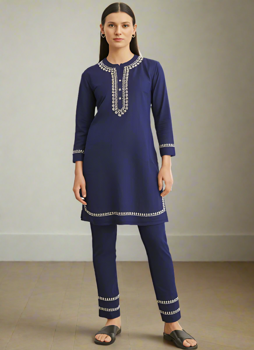 Navy Blue Linen Embroidered Co-ord Set