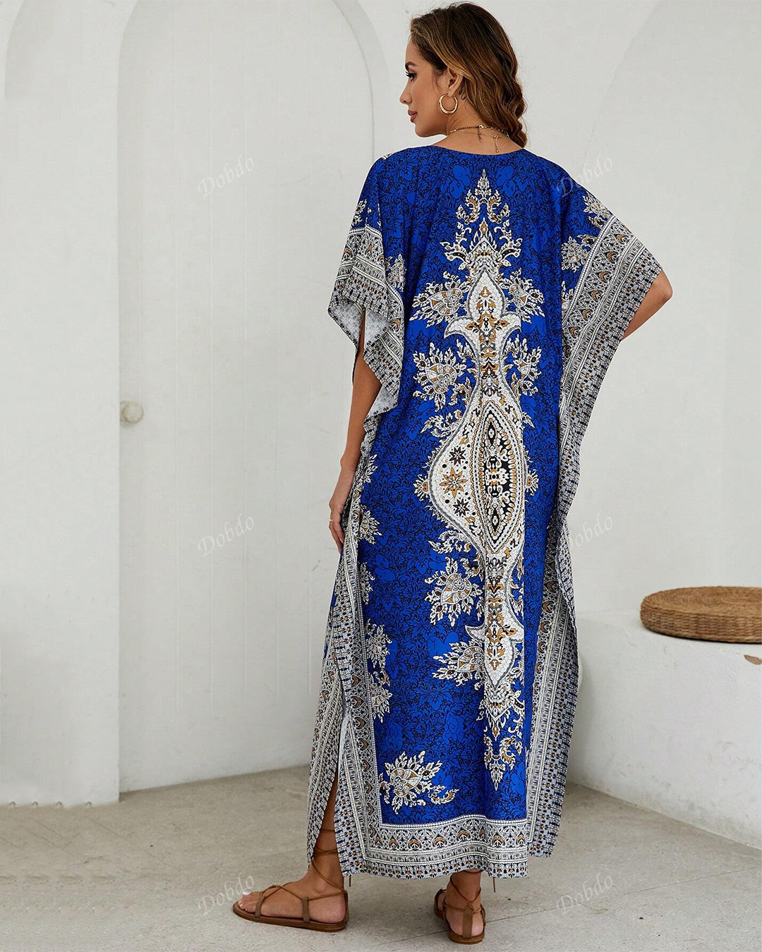 Royal Blue Printed Viscose Kaftan One Size