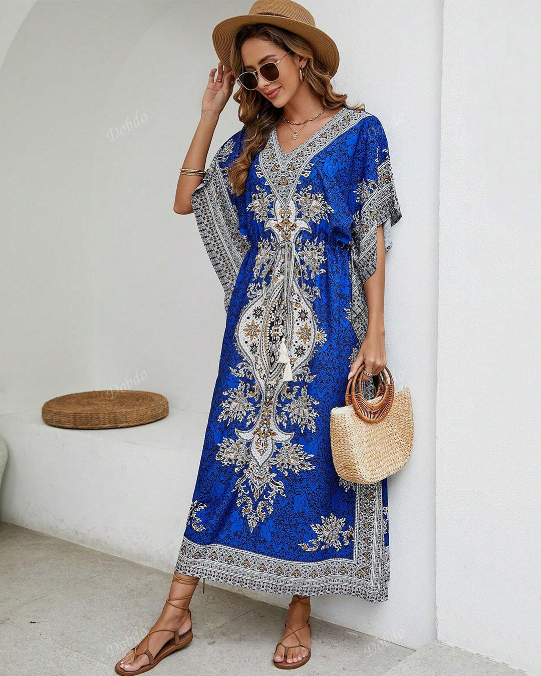 Royal Blue Printed Viscose Kaftan One Size