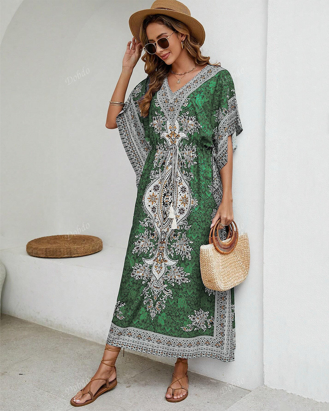 Green Printed Viscose Kaftan One Size