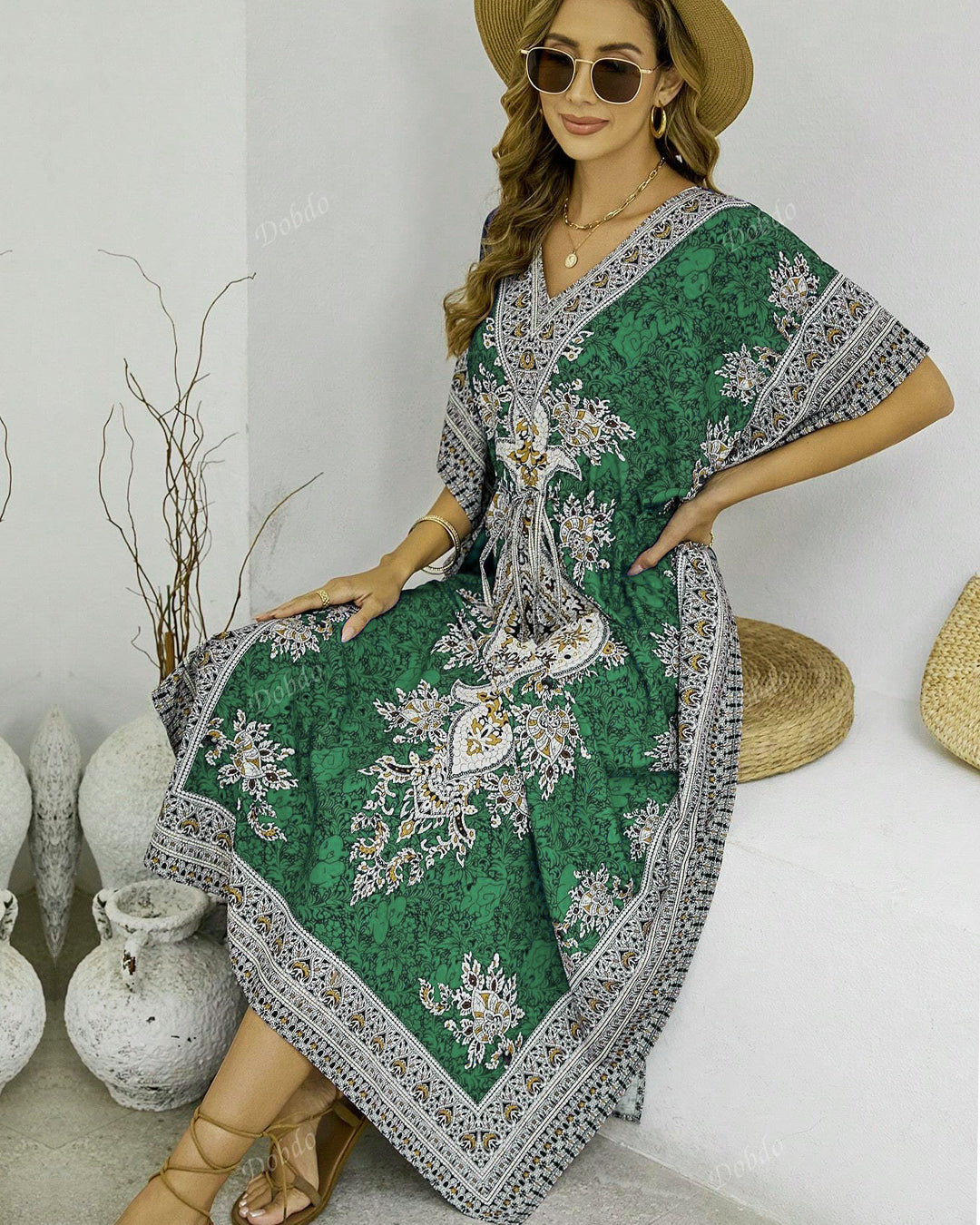 Green Printed Viscose Kaftan One Size