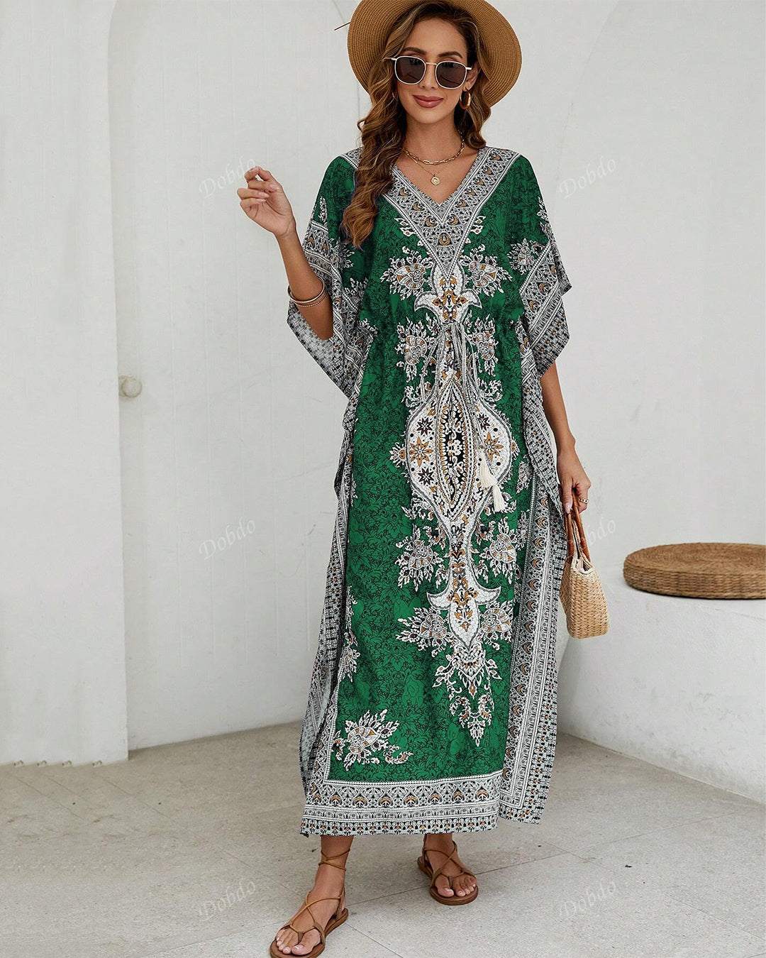 Green Printed Viscose Kaftan One Size
