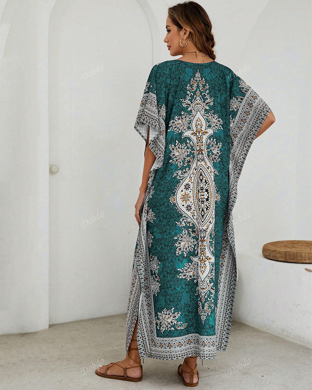 Blue Printed Viscose Kaftan One Size