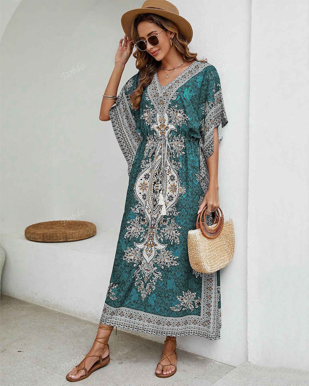 Blue Printed Viscose Kaftan One Size