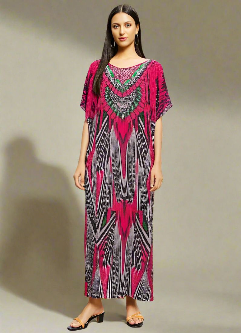 Pink Digital Print Kaftan With Silver Stone Embroidery