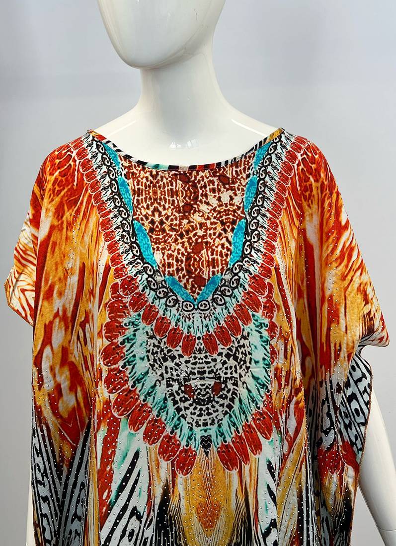 Orange Digital Print Kaftan With Silver Stone Embroidery