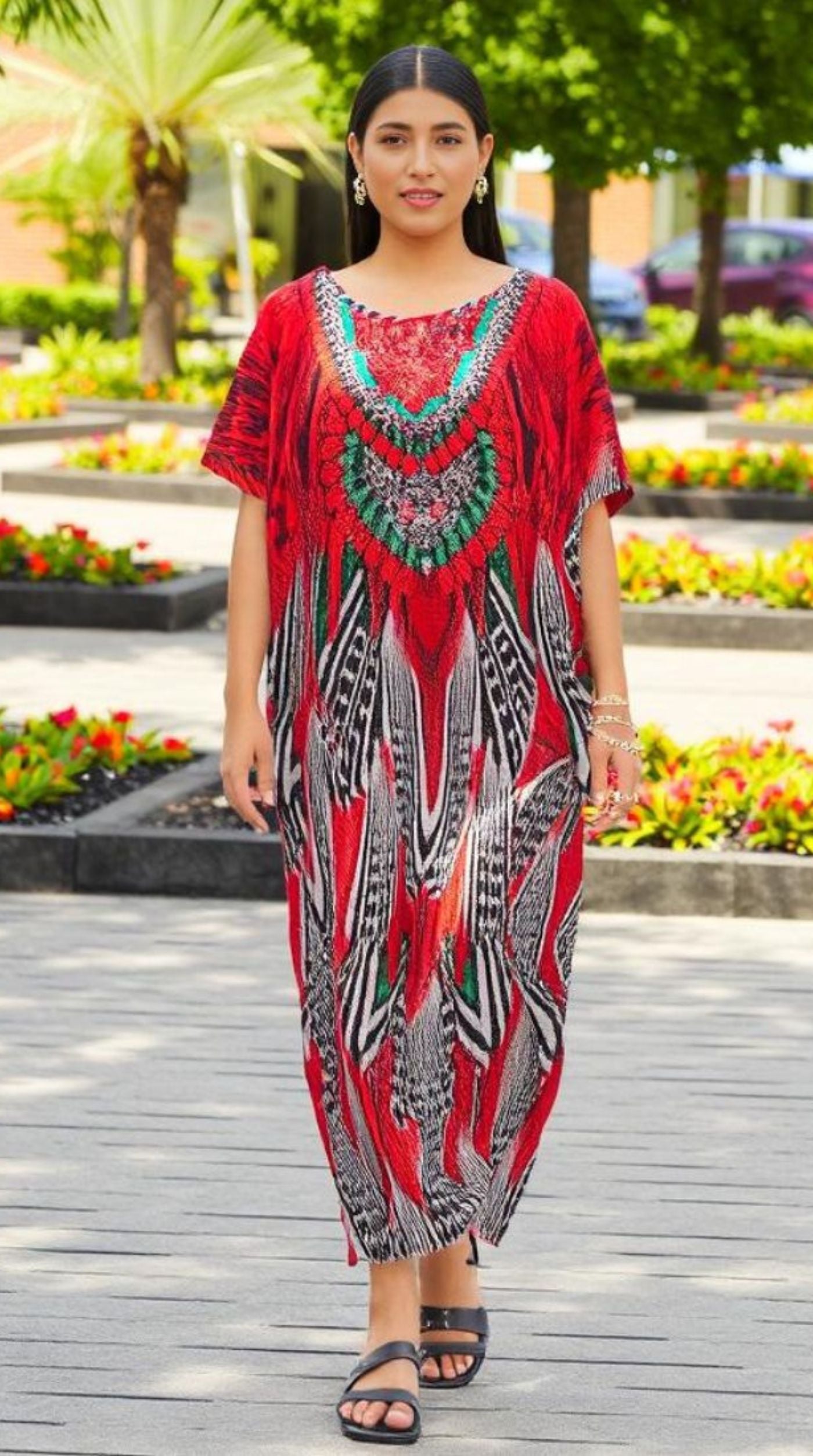 Red Digital Print Kaftan With Silver Stone Embroidery