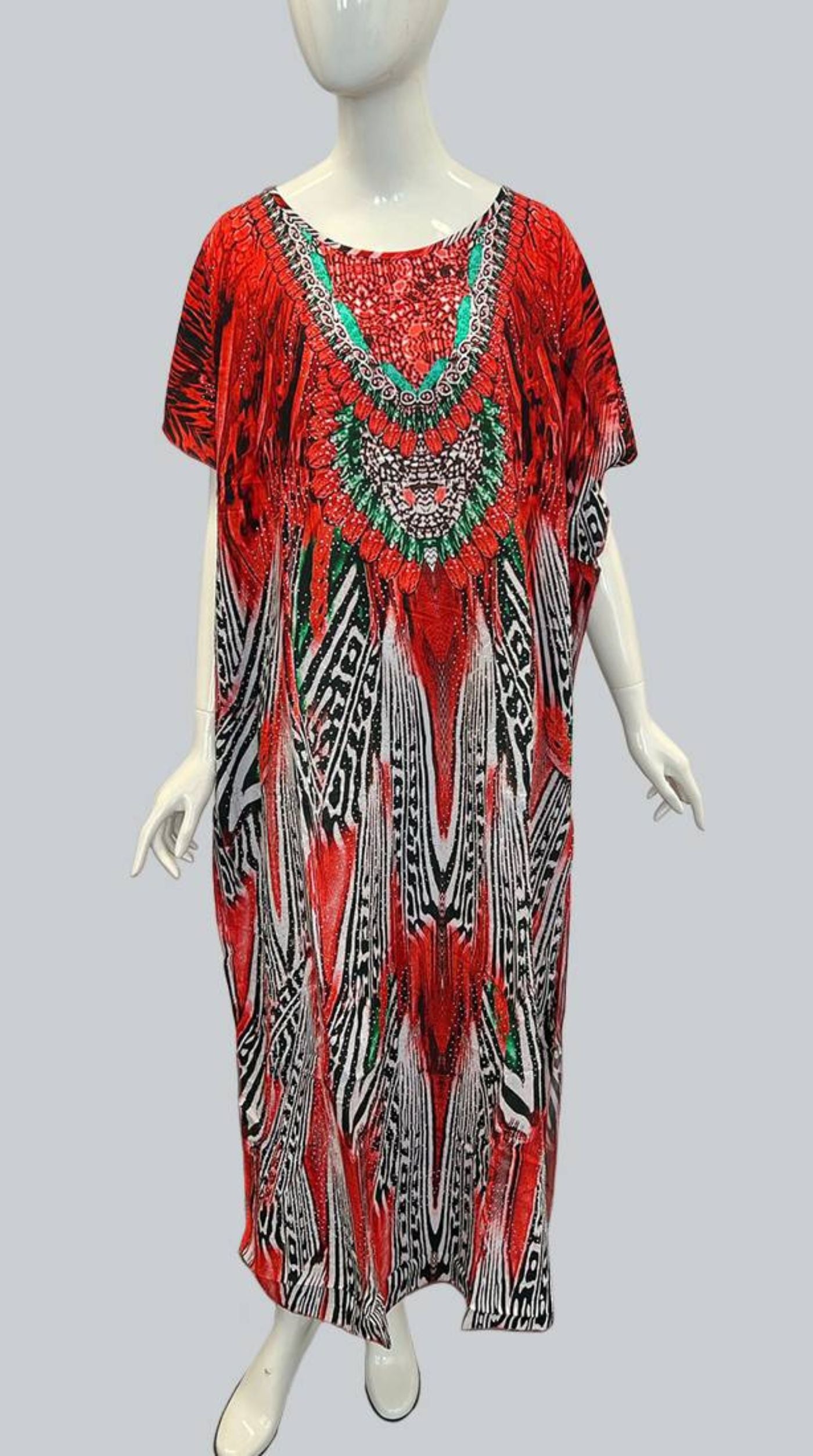 Red Digital Print Kaftan With Silver Stone Embroidery
