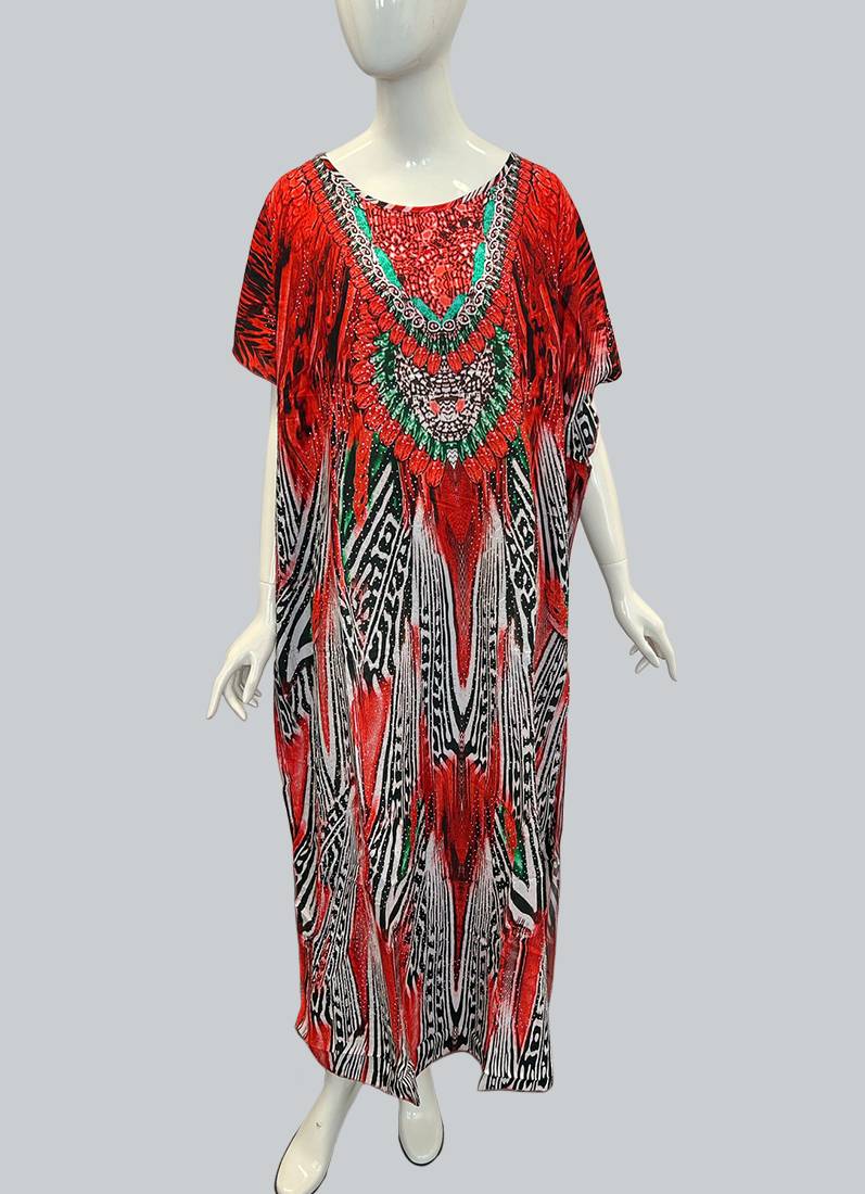 Red Digital Print Kaftan With Silver Stone Embroidery