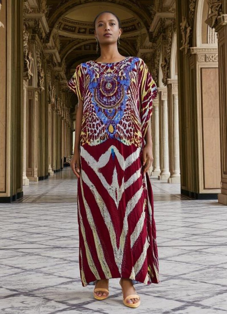 Maroon Digital Print Kaftan With Silver Stone Embroidery