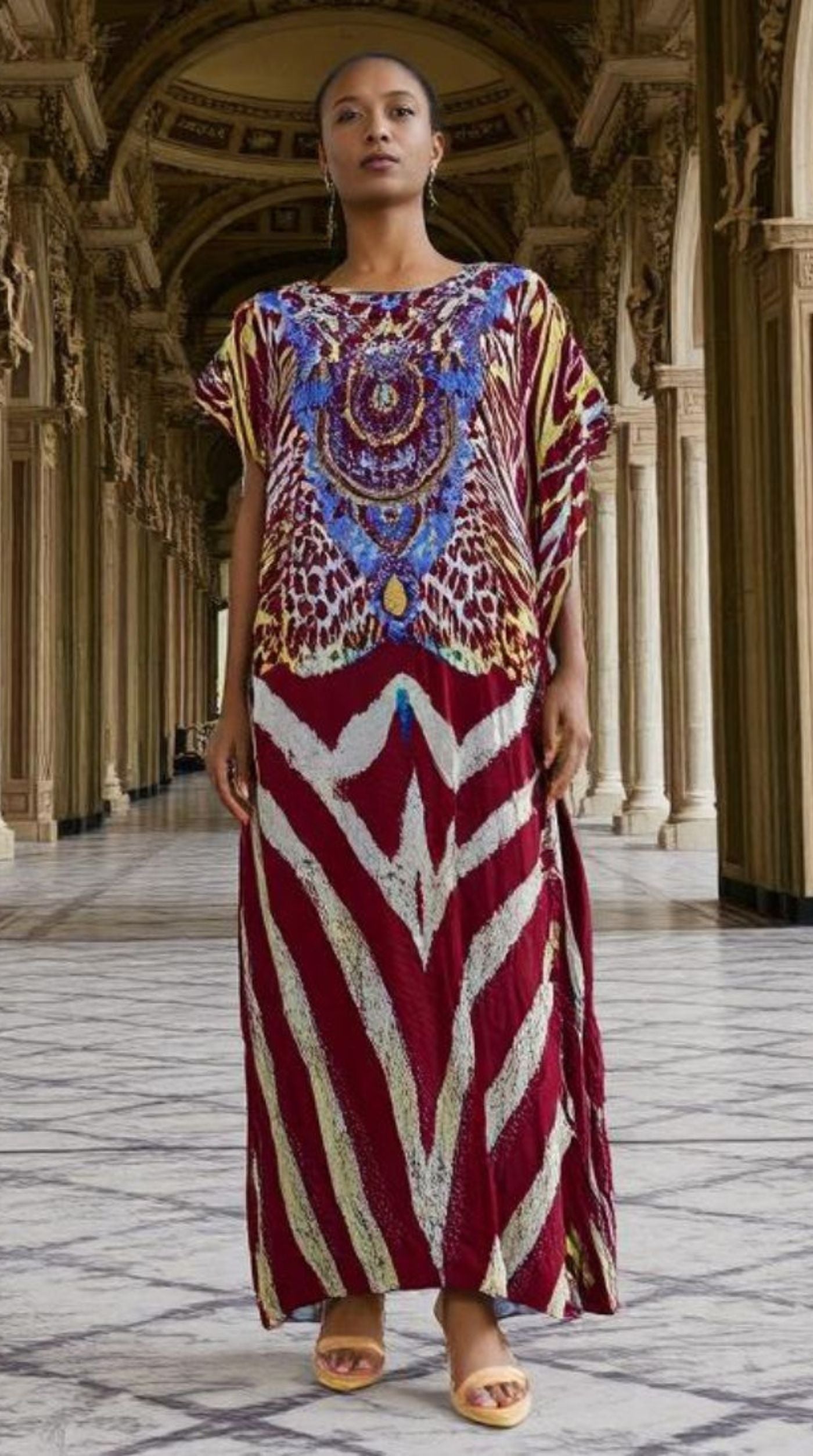 Maroon Digital Print Kaftan With Silver Stone Embroidery