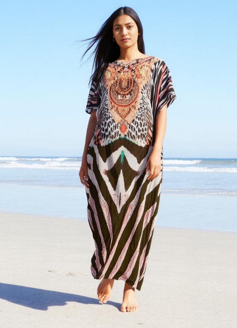 Brown Digital Print Kaftan With Silver Stone Embroidery