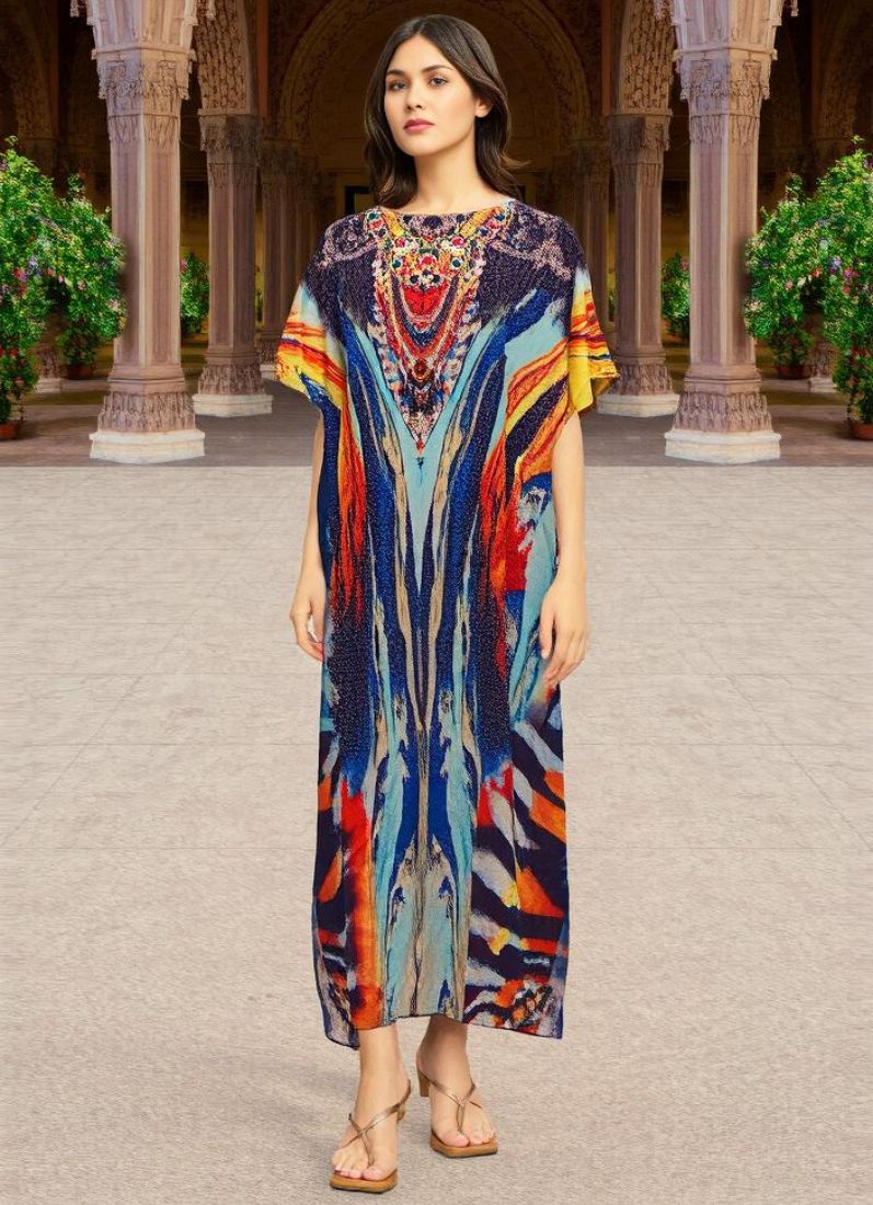 Red Digital Printed Kaftan With Silver Stone Embroidery