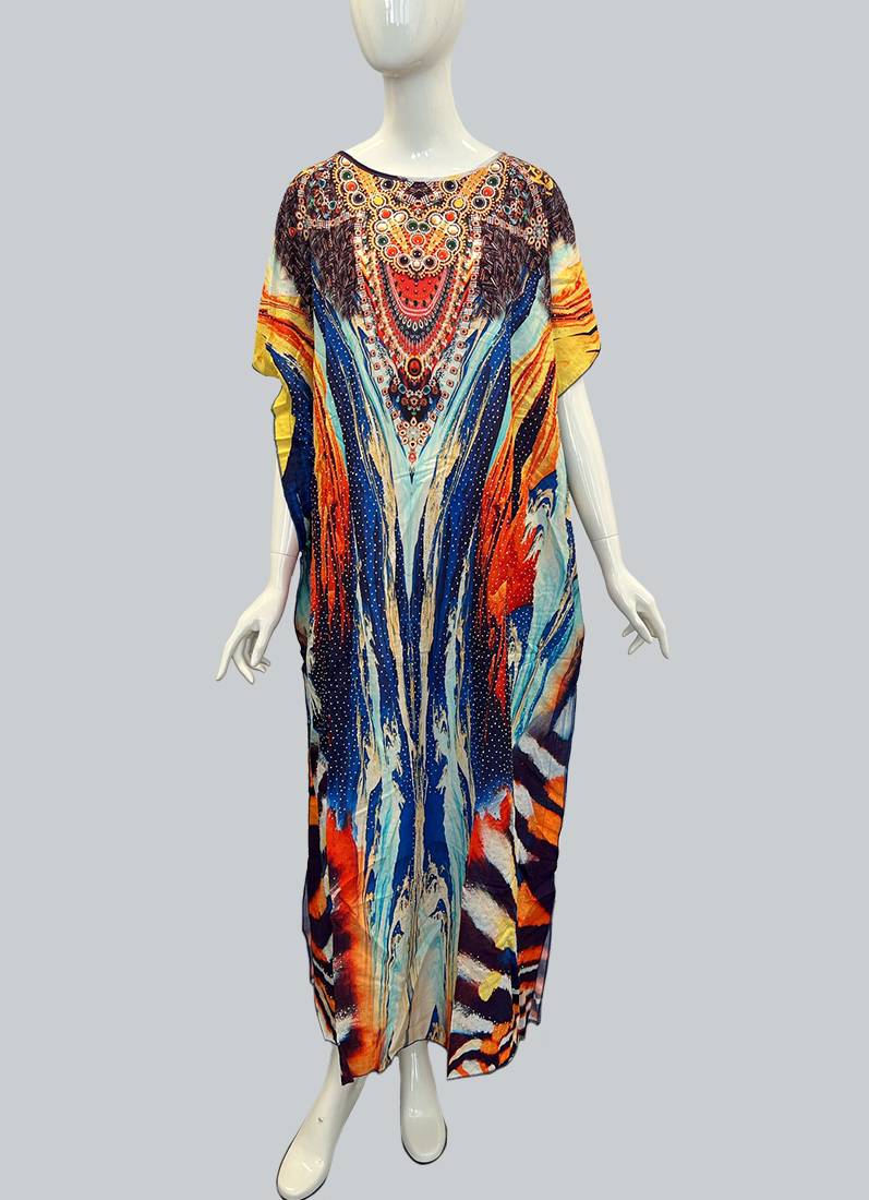 Red Digital Printed Kaftan With Silver Stone Embroidery