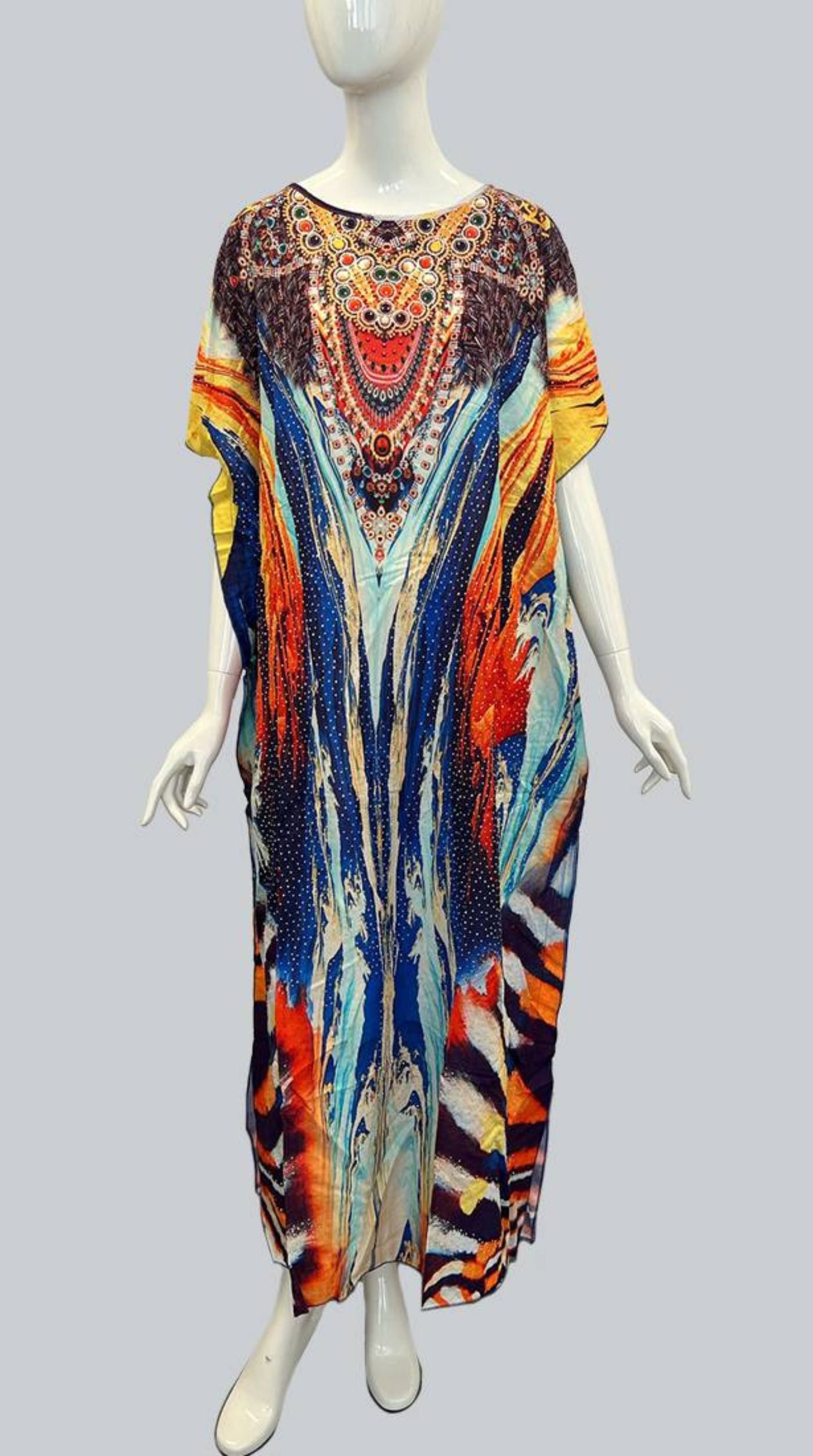 Red Digital Printed Kaftan With Silver Stone Embroidery