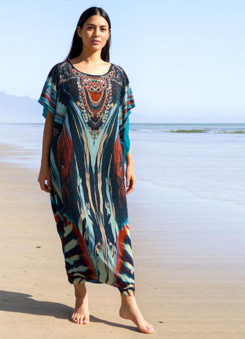 Blue Digital Printed Kaftan With Silver Stone Embroidery