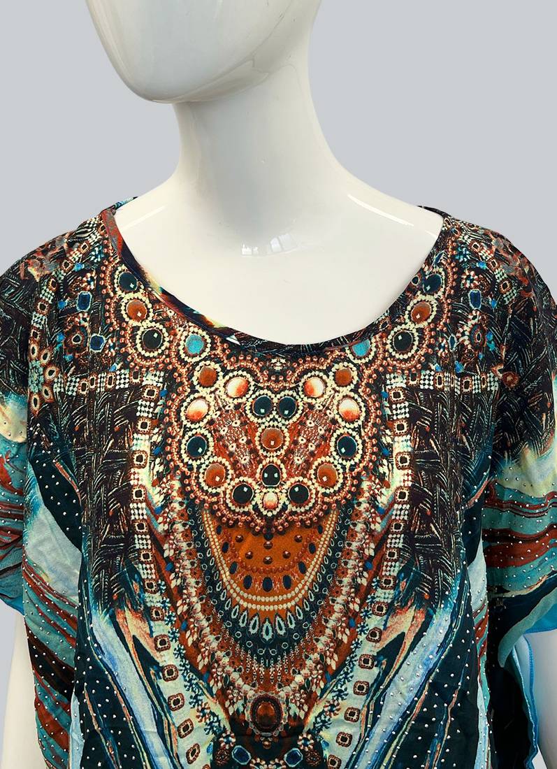 Blue Digital Printed Kaftan With Silver Stone Embroidery
