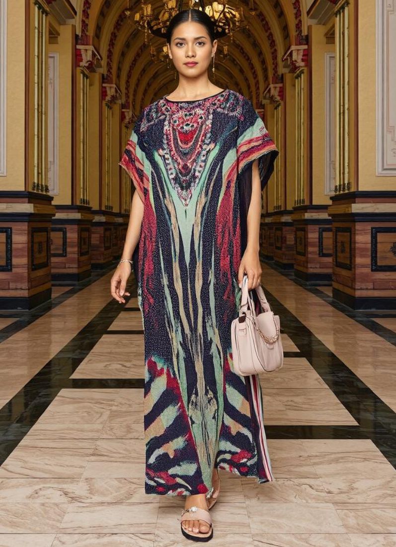 Green Digital Print Kaftan With Silver Stone Embroidery