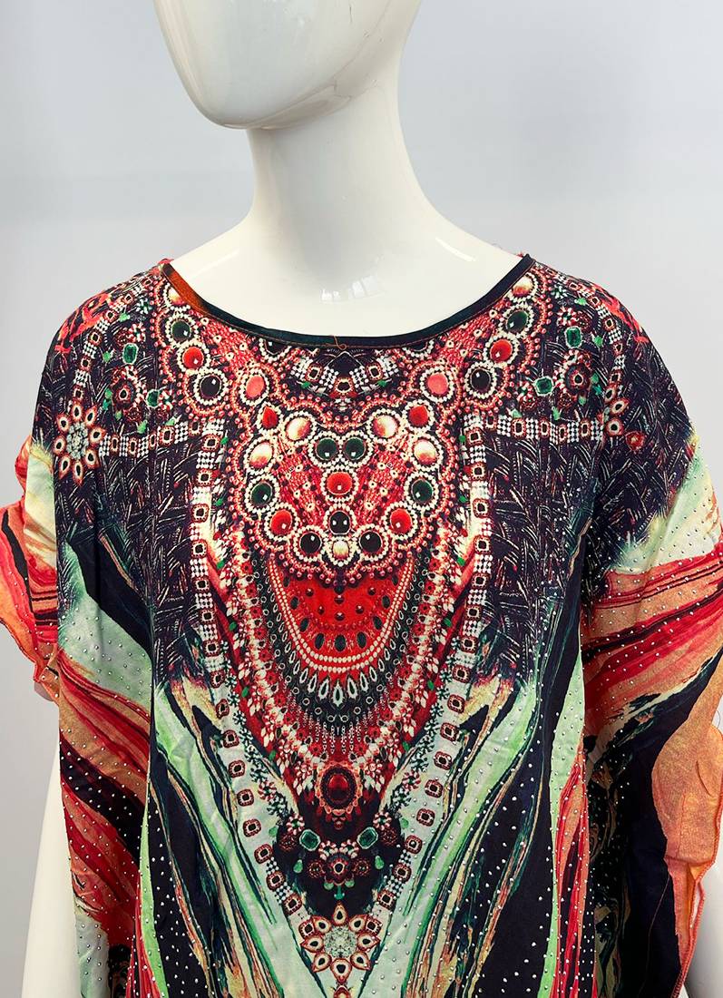 Green Digital Print Kaftan With Silver Stone Embroidery