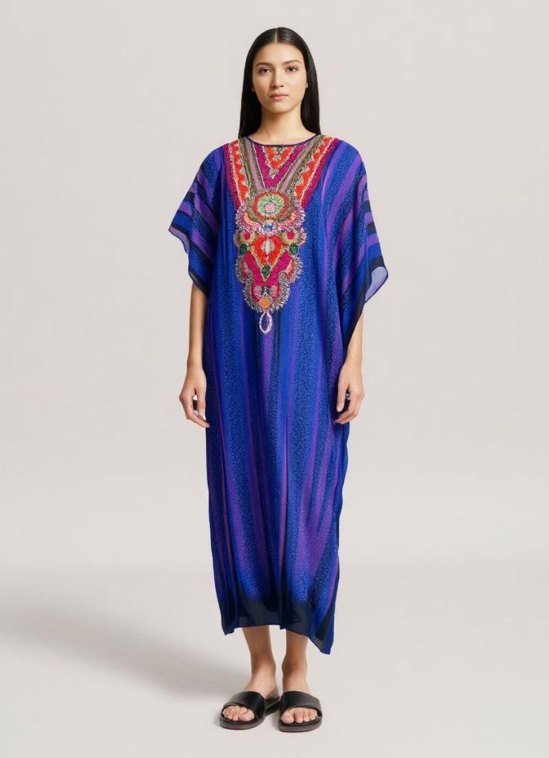 Blue Digital Print Kaftan With Silver Embroidery