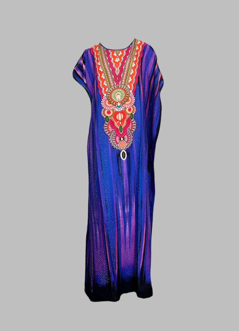 Blue Digital Print Kaftan With Silver Embroidery